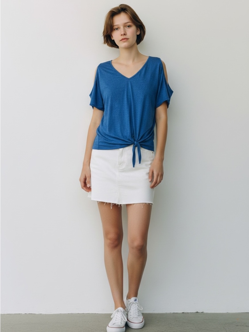 Blue Cold-Shoulder Tie-Front V-Neck Top